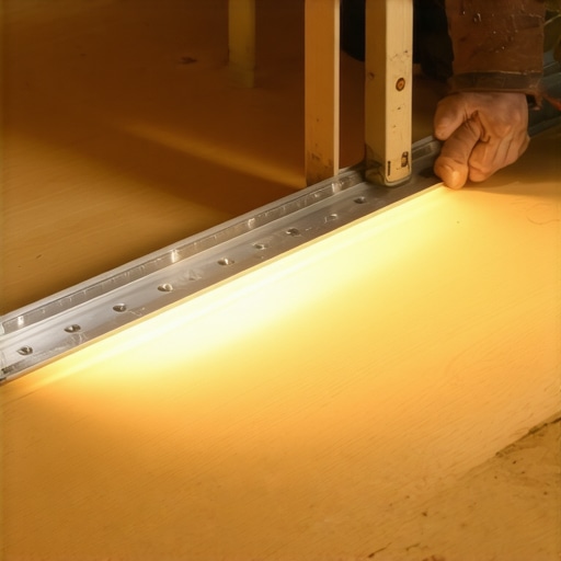 A professional checking a subfloor for flatness using an aluminum level and the flashlight test.