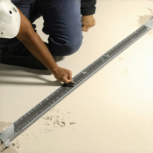 Professional floor installer measuring subfloor flatness to prevent hardwood flooring failure.