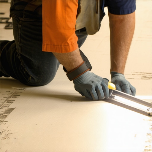Checking subfloor flatness with a straightedge Contractor measuring floor flatness to meet NWFA standards before installation