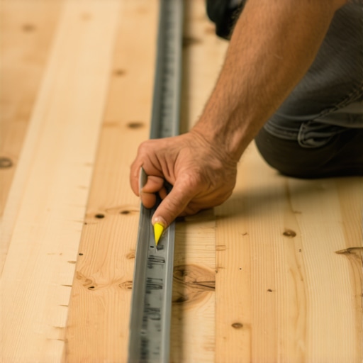 Checking subfloor flatness with a straightedge Carpenter using a straightedge to identify low spots on a plywood subfloor before hardwood installation.
