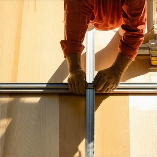 Checking subfloor flatness with a straightedge A professional using a straightedge to ensure the floor is flat before a herringbone installation.