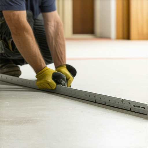 Checking subfloor flatness with a straightedge Contractor using a 10-foot straightedge to mark high and low spots on a subfloor