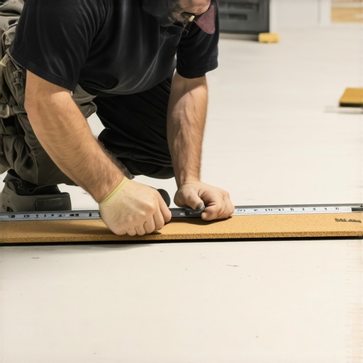 A person measuring a concrete floor for high spots to ensure a successful cork floor installation.