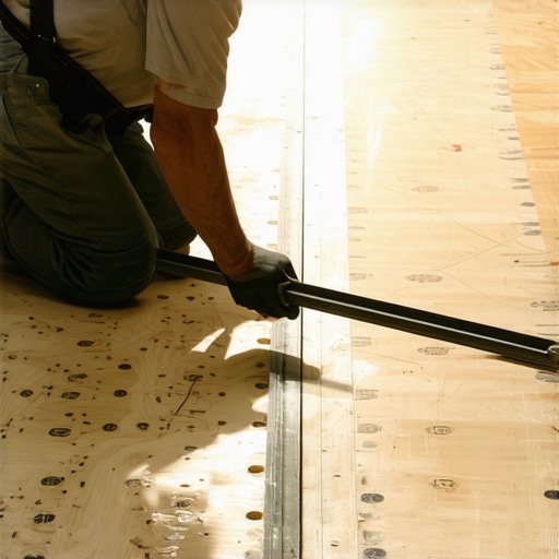 Checking subfloor flatness with a straightedge Contractor measuring subfloor flatness with 10-foot straightedge