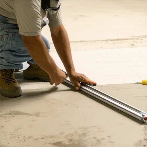 Checking subfloor flatness with a straightedge A contractor measuring subfloor flatness using a professional straightedge and gauge.
