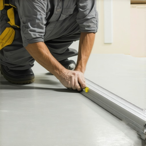 Checking subfloor flatness with a straightedge Contractor using a 10-foot straightedge on a concrete subfloor