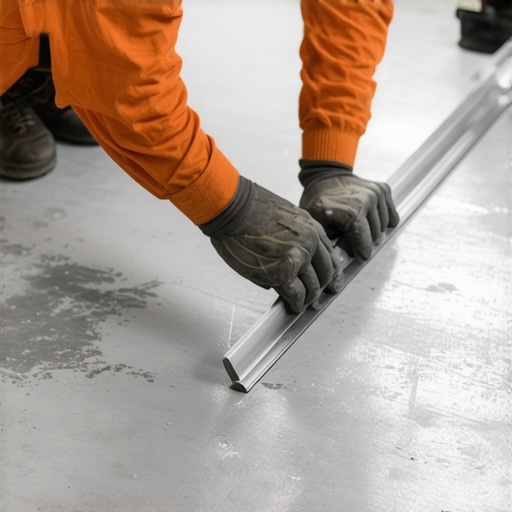 Professional installer checking subfloor flatness using a 10-foot straightedge tool before installing luxury vinyl.