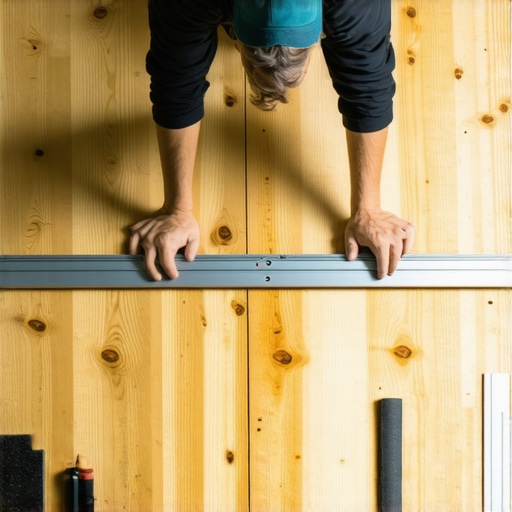 A professional contractor using a long metal straightedge to identify uneven spots on a plywood subfloor before installing tile.
