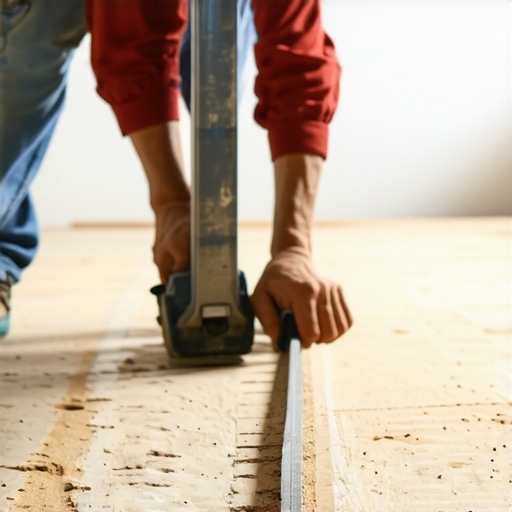 Checking subfloor flatness with a straightedge A metal straightedge tool being used to measure gaps in a subfloor for proper flooring installation.