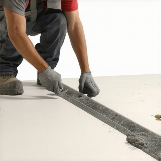 Checking subfloor flatness with a straightedge A professional using a straightedge to identify uneven spots on a subfloor