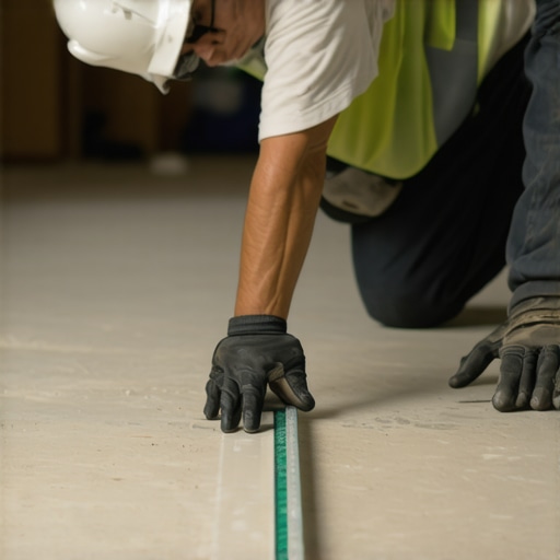 Checking subfloor flatness with a straightedge Professional contractor measuring subfloor flatness with a 10-foot straightedge tool