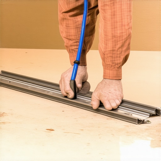 A professional tool being used to measure the flatness of a floor subfloor before hardwood installation.