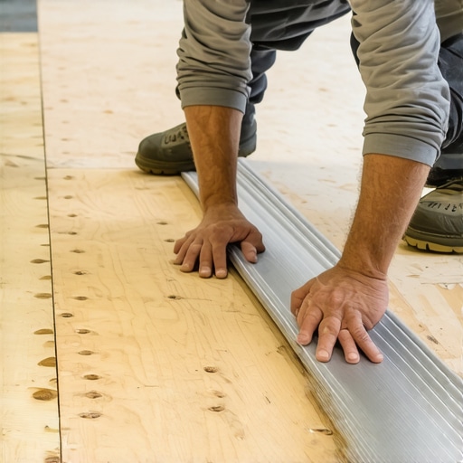 A contractor using a straightedge tool to measure subfloor levelness before flooring installation.