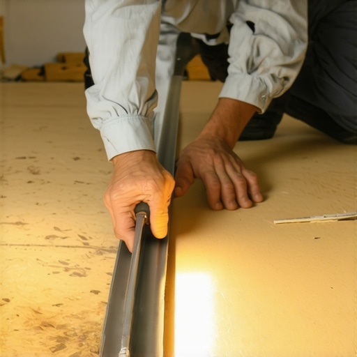 Checking subfloor flatness with the flashlight test Contractor using a flashlight and straight edge to check for subfloor dips before installing wide plank hardwood.