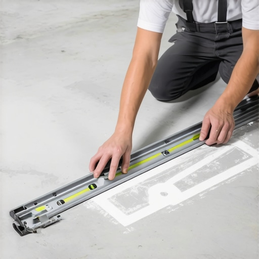 A professional using the chalk dust method to find subfloor dips before installing cork flooring.