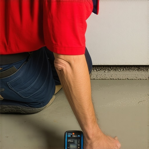 Checking subfloor moisture levels Professional flooring installer using a moisture meter to check concrete subfloor before vinyl installation.