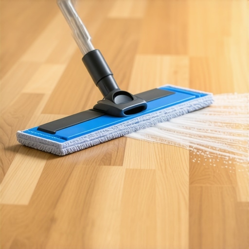 Microfiber spray mop cleaning luxury vinyl planks with a fine mist of cleaner.
