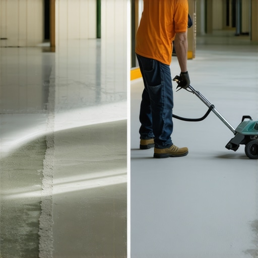 Cleaning concrete subfloor for leveling Industrial vacuum cleaning dust off a concrete floor before applying leveler.