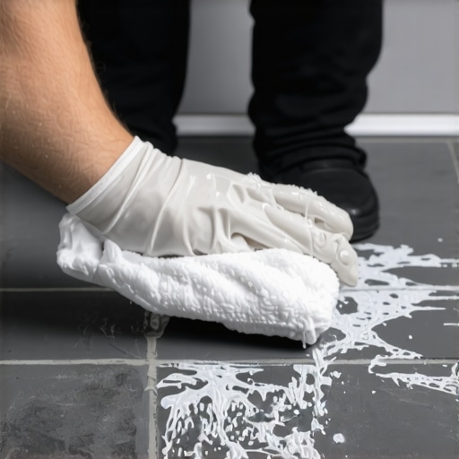 Removing white grout haze from dark tile using a cloth and solvent.