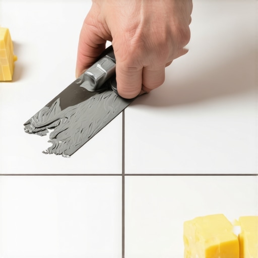 Cleaning thinset from grout joints A person cleaning wet mortar from between tiles to ensure clean grout lines.