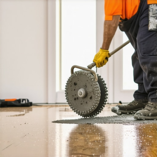 Professional using a spiked roller to remove bubbles from fresh floor leveler