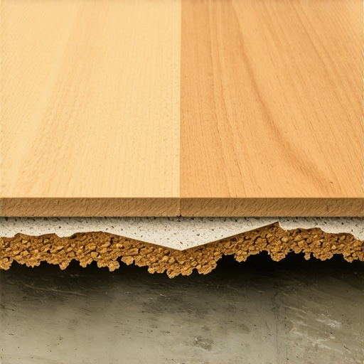 A cross-section showing cork underlayment between a leveled subfloor and vinyl planks.