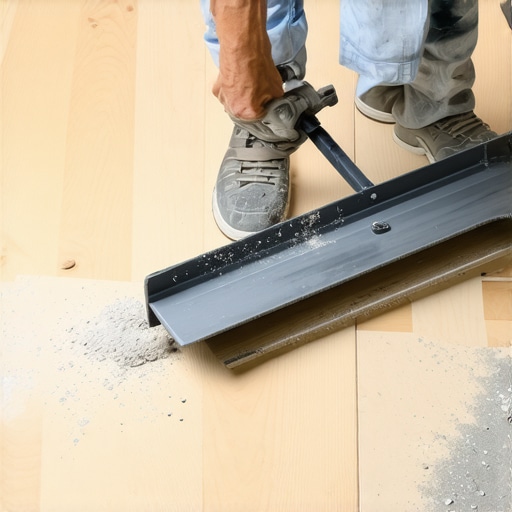 Close-up of a hand scraper removing old mortar from a plywood subfloor