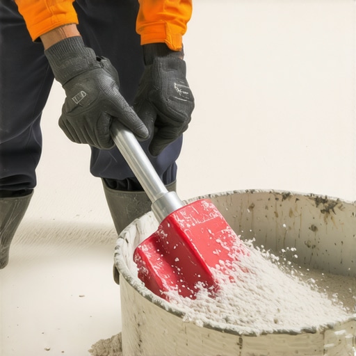 Professional mixing floor leveling compound with a low-speed drill to avoid air bubbles.