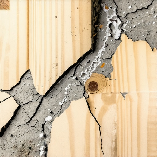 Cracked and Delaminated Self-Leveling Compound Close-up shot of failed self-leveling compound cracking and peeling off a plywood subfloor due to poor priming.