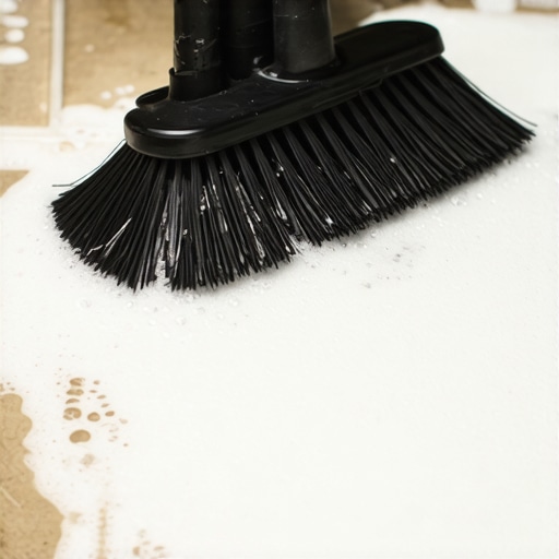 A deck brush being used to scrub grease off commercial kitchen quarry tiles with soap suds.