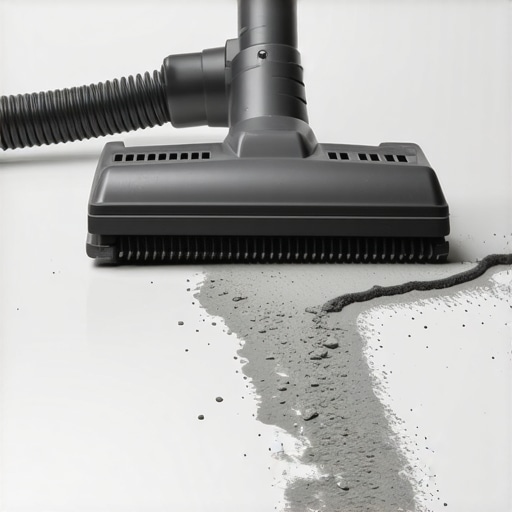 Deep cleaning concrete with HEPA vacuum A close-up of a vacuum removing fine dust from a concrete subfloor to prepare for flooring installation.