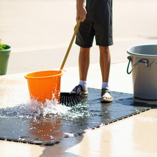 Deep cleaning rubber gym mats outdoors Man scrubbing black rubber flooring mats on a driveway to reduce odor