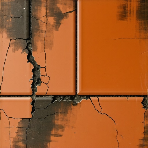 Close-up of failing grout lines in a commercial kitchen showing grease penetration and structural wear.