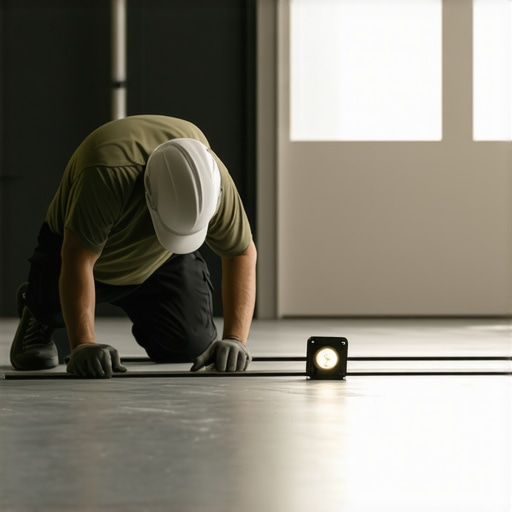 Contractor performing floor flatness test using straightedge and flashlight method