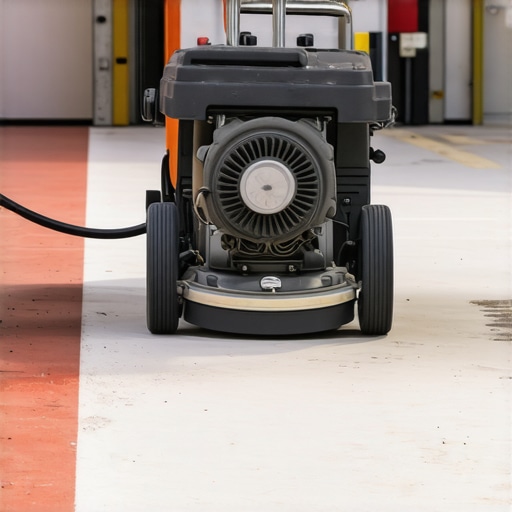 Close up of a diamond grinder preparing a concrete garage floor for epoxy coating.