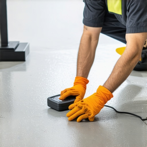 Digital DCOF Slip Resistance Testing on Commercial Floor A close-up of a floor safety technician using a digital friction tester to measure the slip resistance of a newly installed tile floor.