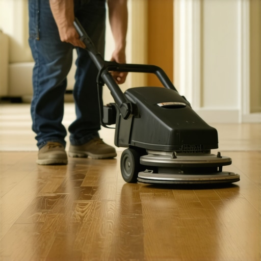 A person sanding hardwood floors with professional dust-collection equipment to prepare for a matte finish.