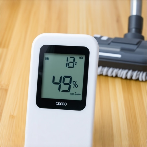 Essential Bamboo Floor Maintenance Tools Digital hygrometer on bamboo floor with cleaning tools in background