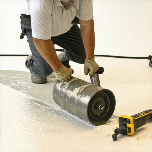 Installer using a spiked roller and moisture meter to prepare a subfloor for professional tile and wood installation.