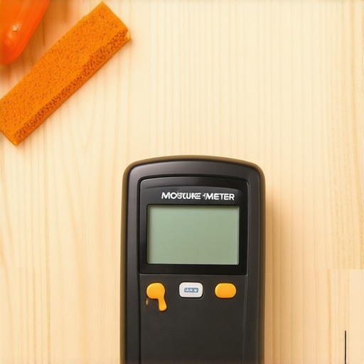 Digital moisture meter and dead blow hammer on a subfloor