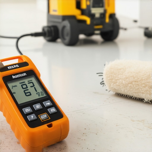 Moisture meter and floor leveling tools on a concrete subfloor