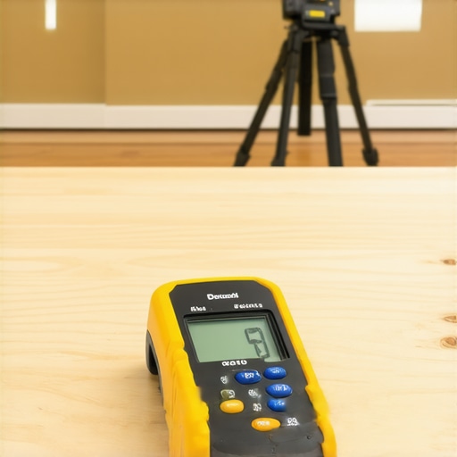 Essential Professional Flooring Tools Moisture meter and laser level being used for floor preparation