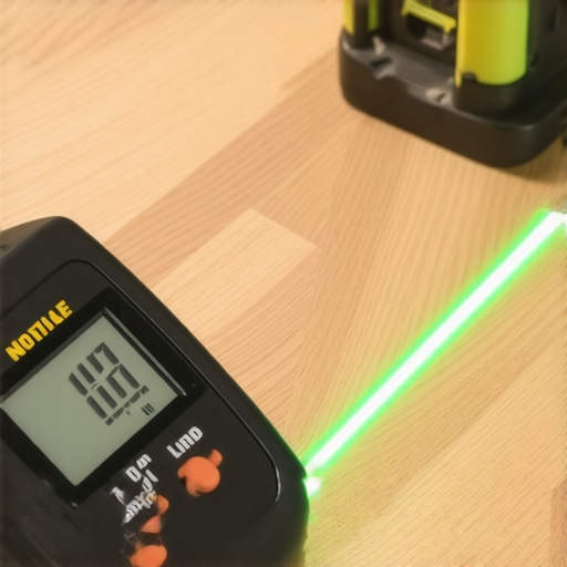 Essential Professional Flooring Tools for DIY Success A digital moisture meter checking hardwood floor humidity with a laser level in the background.