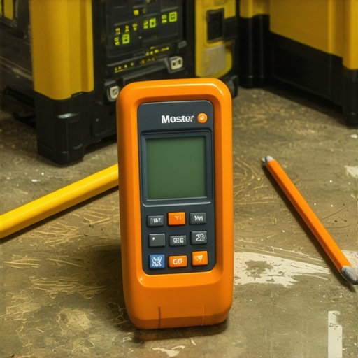Essential Tools for Professional Floor Leveling Close up of a digital moisture meter on a concrete subfloor with a laser level in the background.