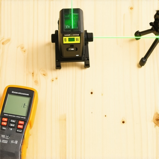 A digital moisture meter and a green-beam laser level being used on a plywood subfloor.
