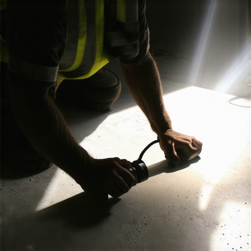 Contractor using a flashlight scan to identify uneven spots on a subfloor