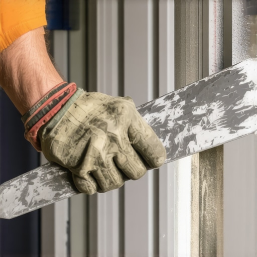 A professional tiler flattening thinset ridges with a trowel to prevent shadows behind glass mosaic tiles.