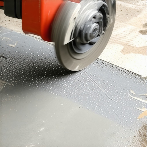 Grinding paint off concrete for floor leveling Diamond cup wheel removing paint from concrete slab to ensure proper bonding for self-leveling compound.