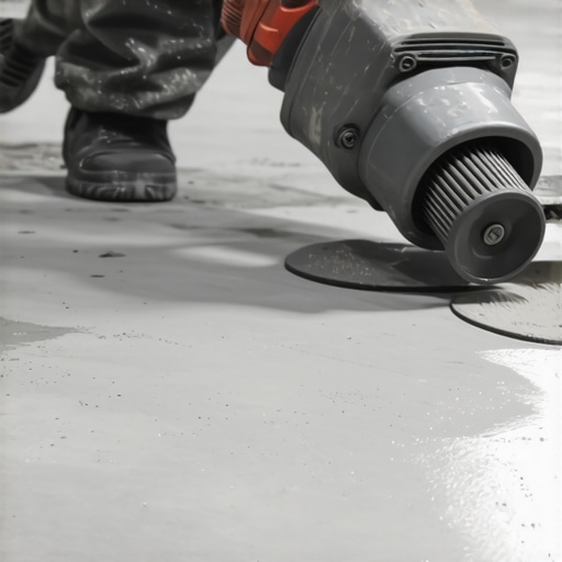 Grinding paint off concrete for tile prep Close-up of a diamond cup wheel grinder removing paint from a concrete slab.