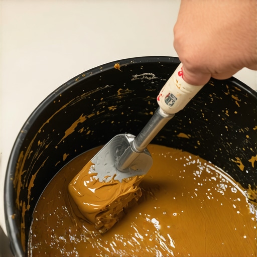 Close-up of a margin trowel mixing grout in a bucket to avoid air bubbles.